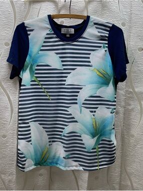 Laura Petites Floral Striped T-Shirt Petite Navy Blue Excellent Short Sleeve